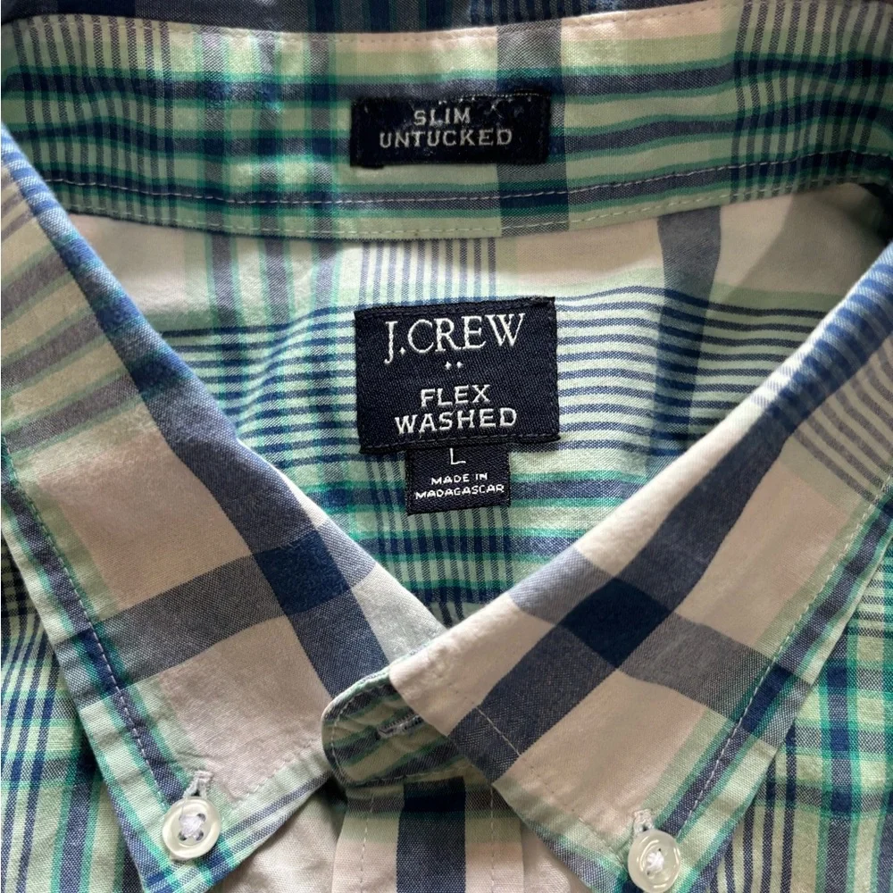J.Crew Men's Plaid Long Sleeve Button-Up Shirt Flex‎ Slim Untucked Blue Green L